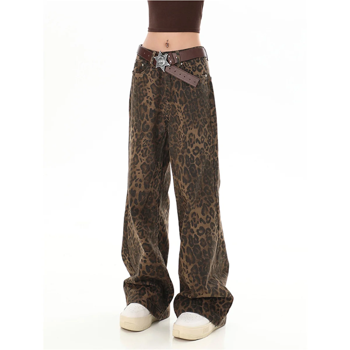 Pantalones vaqueros con estampado de leopardo para mujer, vaqueros de pierna ancha de gran tamaño, ropa de calle de cintura alta, Hip Hop, Vintage, holgados, de diseñador