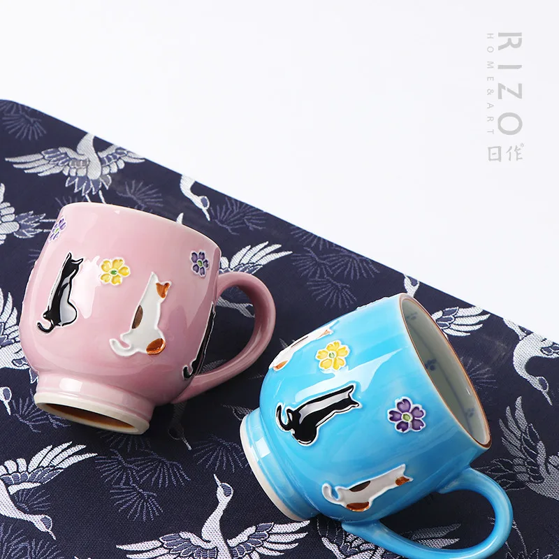 Japanese Kyku Shimizu Ceramic Mug Couple's Cup Shoho Kiln Jiaozhi Cat Tea