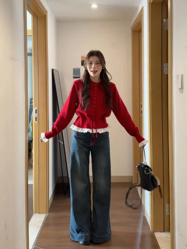 

Осень-зима, женский вязаный свитер больших размеров, красный Luy Year, верхняя одежда с цветочным принтом, длинный свек, круглый кардиган стандартной посадки