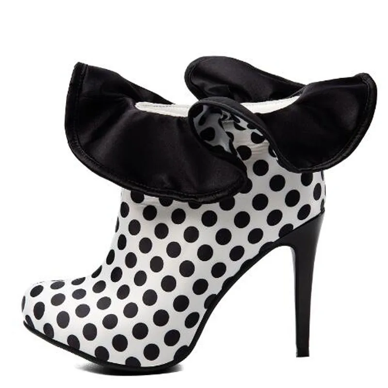 Women White Black Polka Dot Satin Ankle Boots Big Ruffle Cuff Round Toe Stiletto High Heel Booties Party Evening Size 47