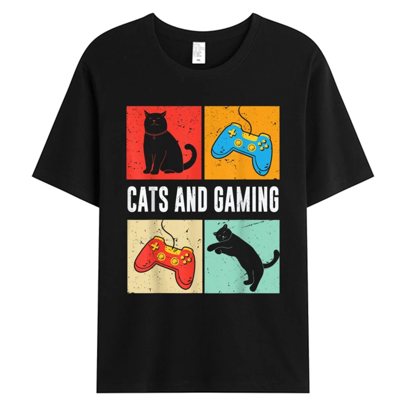 

Cats And Gaming Tees For The Cat Lover Gamer Video Game Player Tops Men's Cotton Tshirt Birthday Hot Sell Graphic T-Shirts