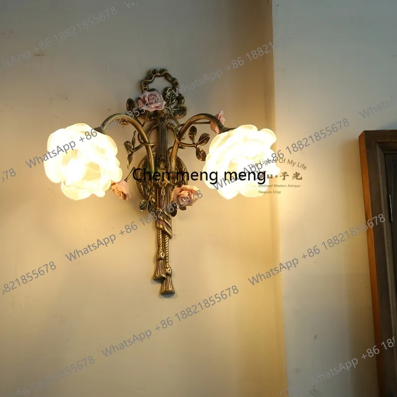

French retro all-copper rose flower wall lamp classical bedroom bedside lamp entrance corridor lamp