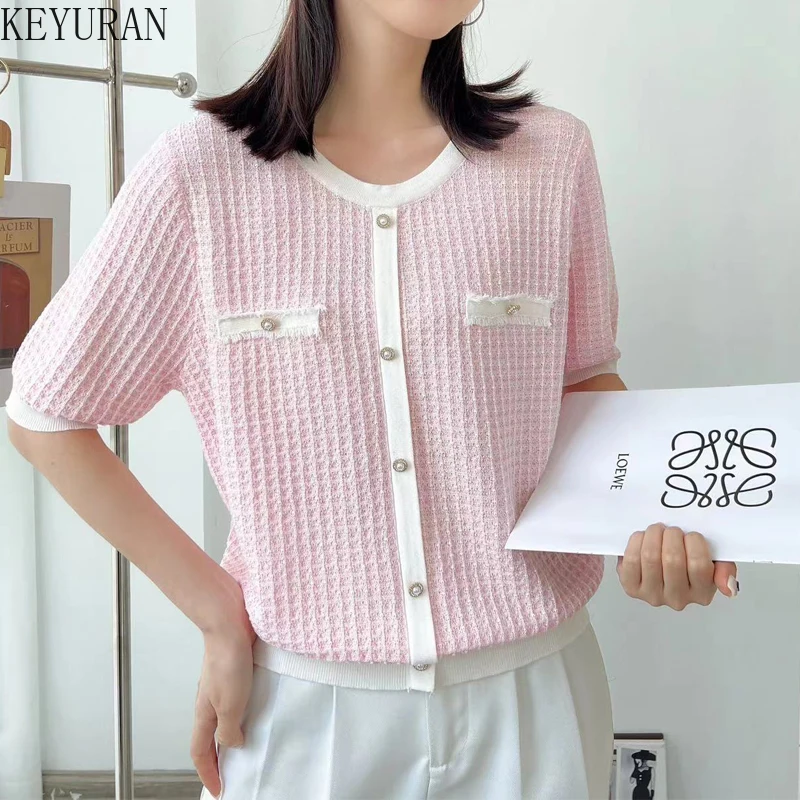 2024 Summer Pink Striped Short Sleeve Sweater Women Ice Silk Knitted T-shirt Vintage O-Neck Pullover Thin Knitwear Tops Jumper