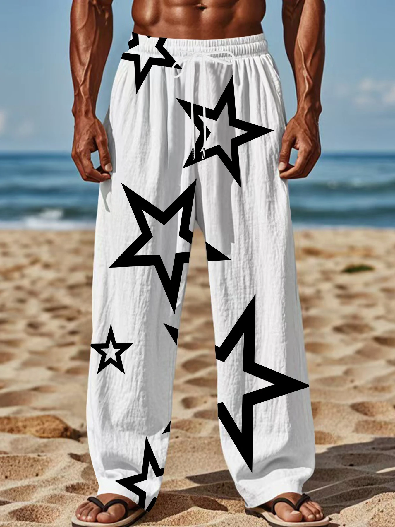 3D Fashionable White Star Pattern Men's Quick Drying Fabric Minimalist Aesthetic Loose Pants, Suitable for All Seasons