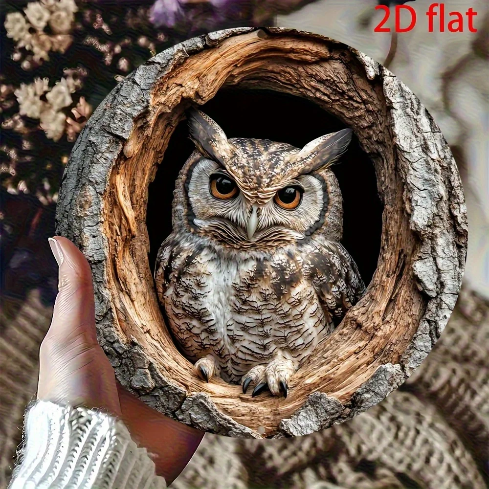 HD-gedrucktes Blechschild – Vintage Baumhohlräume Eule 2D Flaches Metallschild, Rustikale Waldtier-Wandkunst-Deko für Zuhause & Café