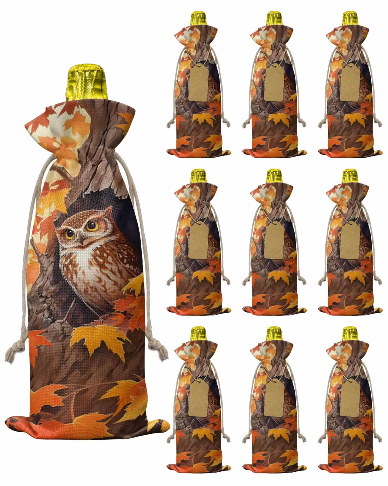 10pcs Maple Tree Red Maple Leaf OwlWine Bottle Bag with Drawstring Festive Party Decor Wine Bottle Covers Gift