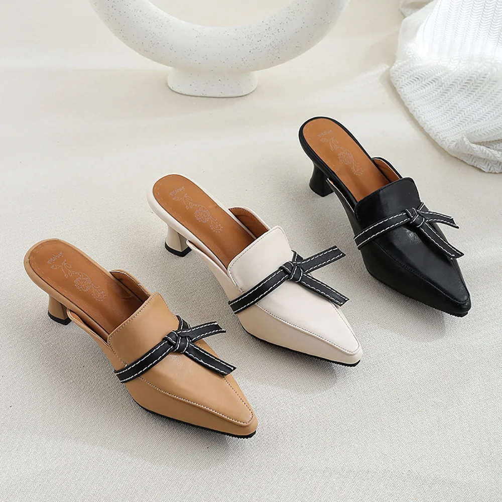 Brand New Sexy Apricot Beige Women Slipper Bow tie Hot High Heel Lady Casual Shoes SA223 Plus Big Small Size 10 28 43 46