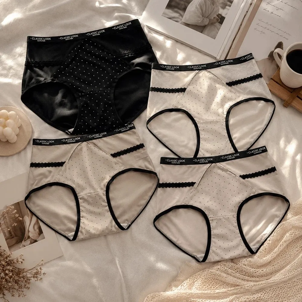 Light Thin Mesh Women's Underwear Satin Bow Wave Point Underpants Hollowed-out Seamless Briefs Female
