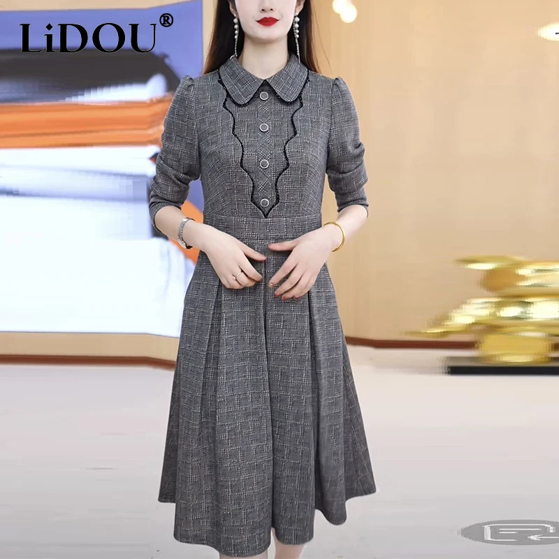 Spring Autumn Doll Collar Vintage Plaid Printing A-line Dress Female Long Sleeve Elegant Fashion Waist Robe Women Casual Vestido