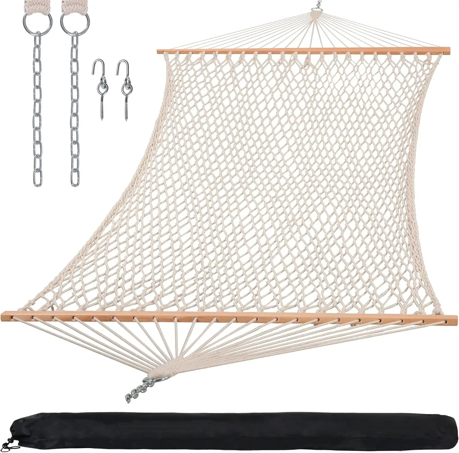 

Гамак SUNCREAT Traditional Rope Double с деревянной перекладиной и сумкой для переноски, грузоподъемность 450 фунтов, натуральный цвет
