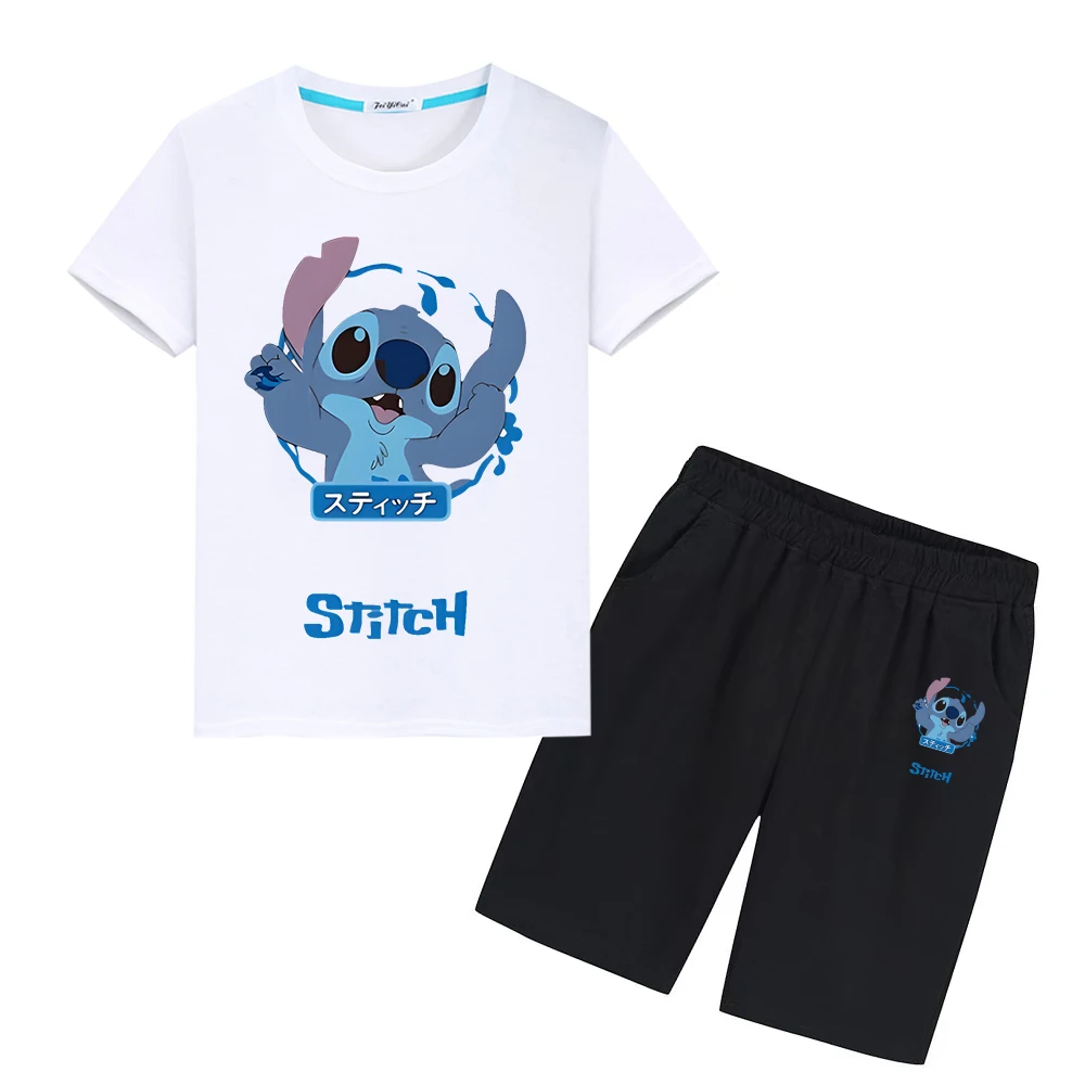 

Stitch Disney Print Cute T-shirt Sports Sets 100%Cotton Tees Tops+shorts disney Summer Tshirts boy girl clothes kid holiday gift