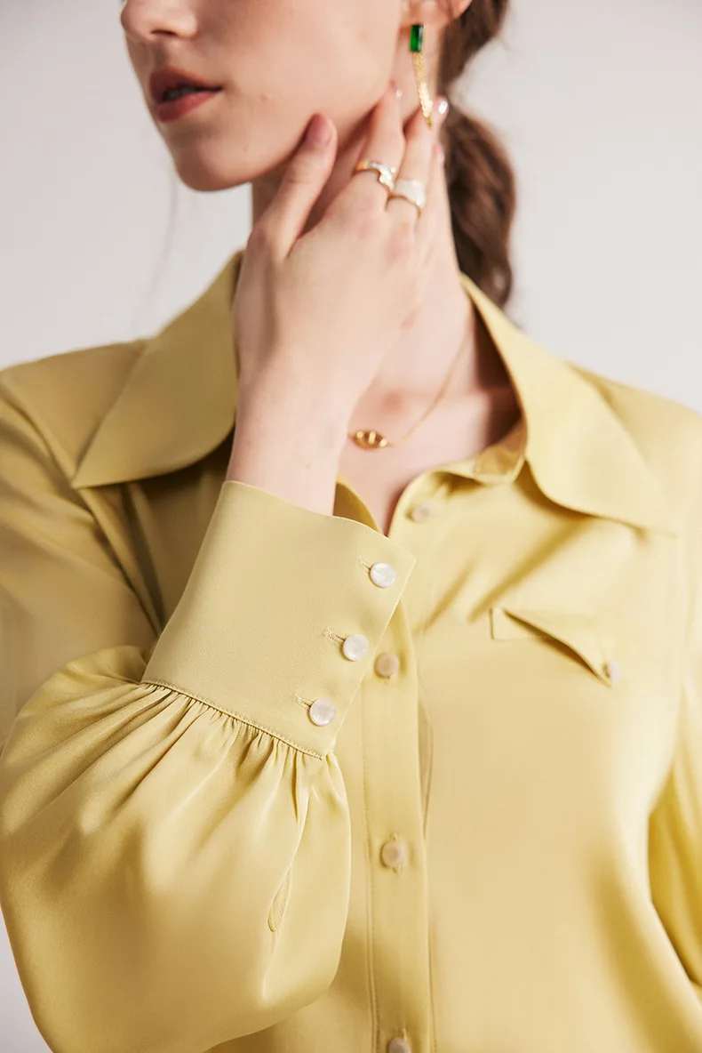 Women's Natural Shirt Turn Down Collar Long Sleeves Flap Elegant Fashion Blouse Tops