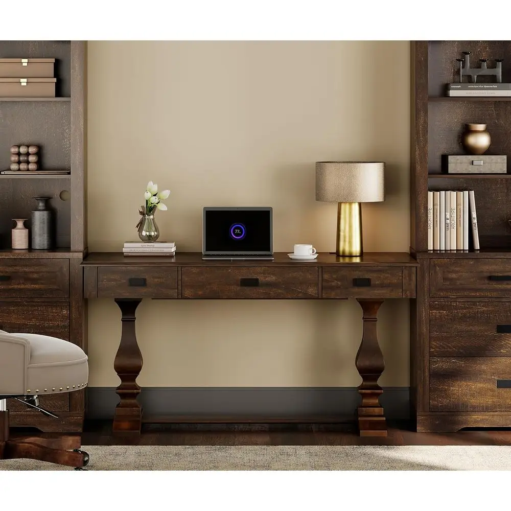 60 Vintage Walnut Executive Desk with Solid Wood Legs, Rustic Style, Deep Drawers, Power Outlets