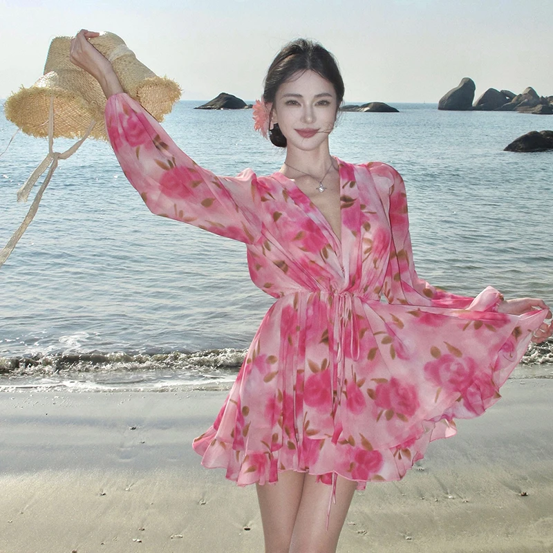 Retro Lace Trim Pink Lantern Sve Floral Waist Cinched ort Skirt Beach Vaion Chiffon Dr Women's Faion Summer 2025