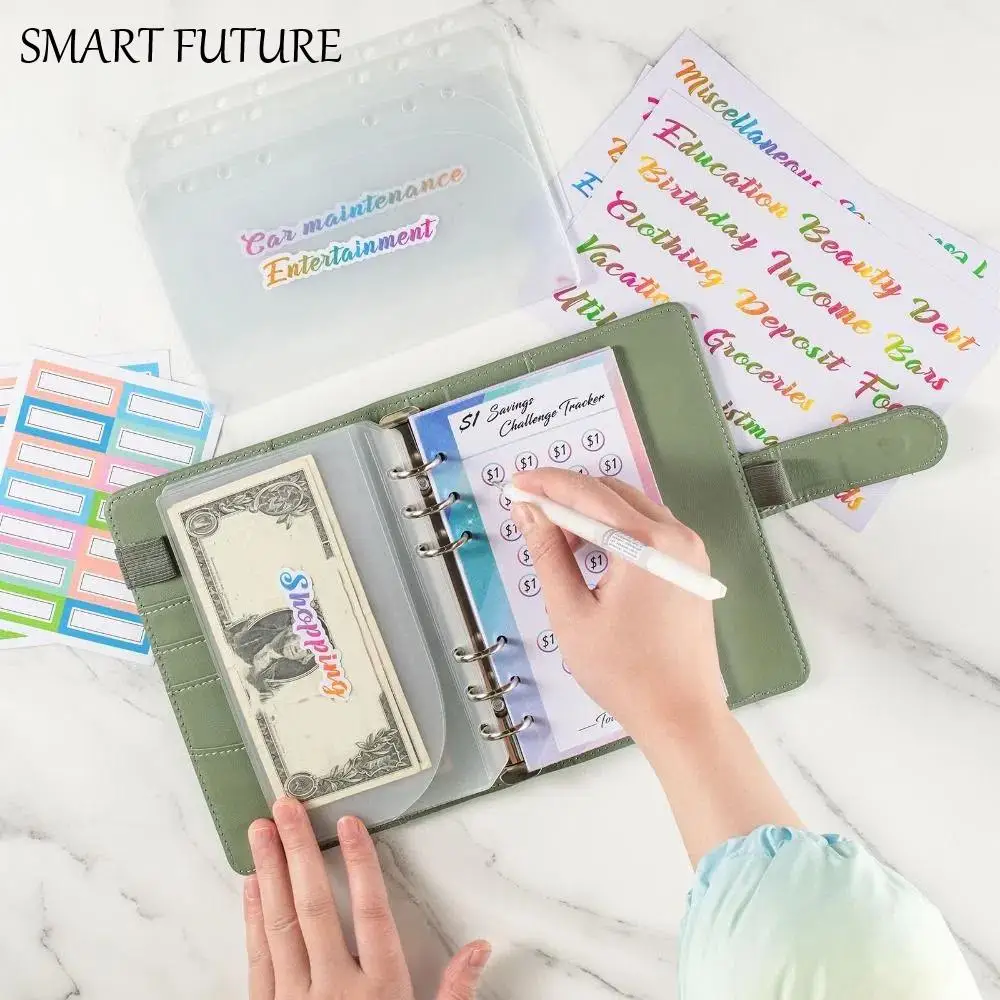 

PU Leather Envelope Challenge Binder Refillable Loose-leaf Money Saving Binder Storage Wallet Transparent