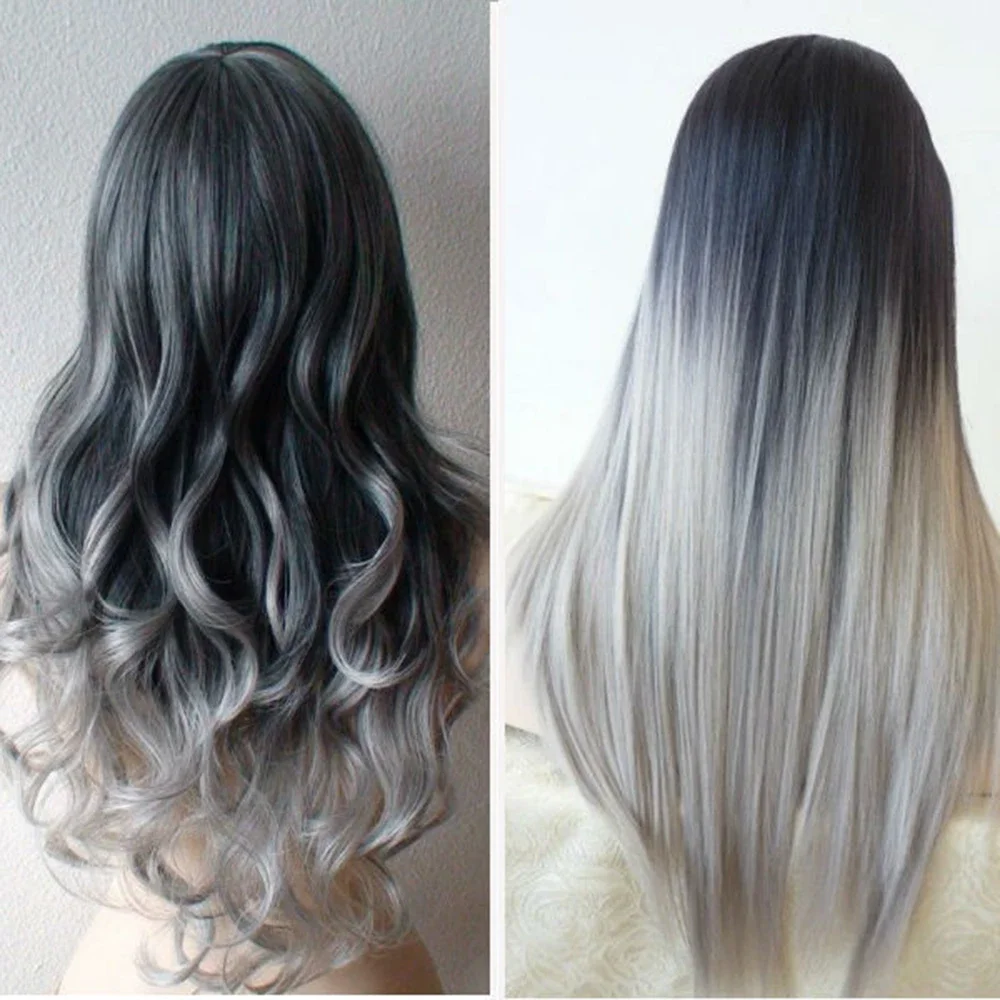 Synthetic Straight Grey Ombre Clip in Hair Extensions Hairpiece Fake Hair on Hairpins for Women Cabelo Postiche