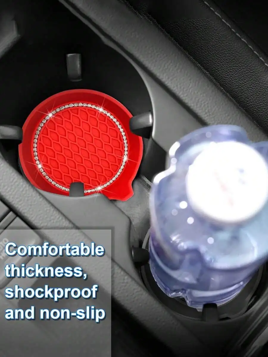 

Car Cup Holder Coaster Silicone Non-Slip Shockproof Drink Mat With Rhinestone Decor 8cm
