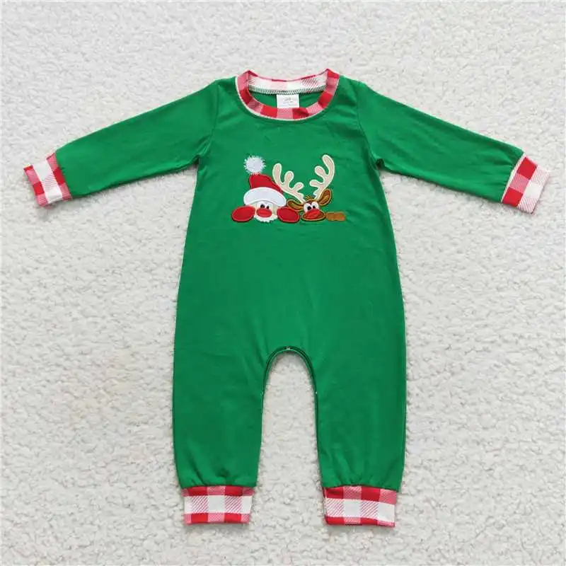 Christmas Match Baby Boys Girls Embroidered Santa Claus Reindeer Plaid Lace Green Set Wholesale Boutique Children Clothing RTS