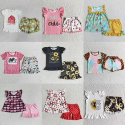 Wholesale Baby Girl Summer Infant Outfit Toddler Short Sleeves Shirt Ruffle Shorts Boutique Children Kids Two Pieces Set