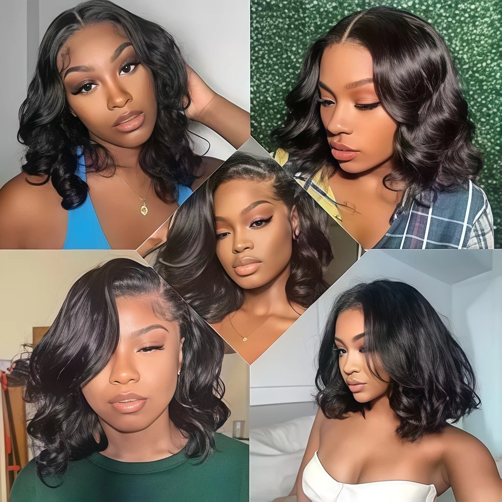 18 Inch Brazilian Short Body Wave Bob Human Hair Wigs 250 Density Pre Plucked Natural Hairline 13x4 HD Transparent Lace Frontal Wigs Soft Real Human Hair Lace Front Bob Wigs For Women Daily Makeup Party Styling