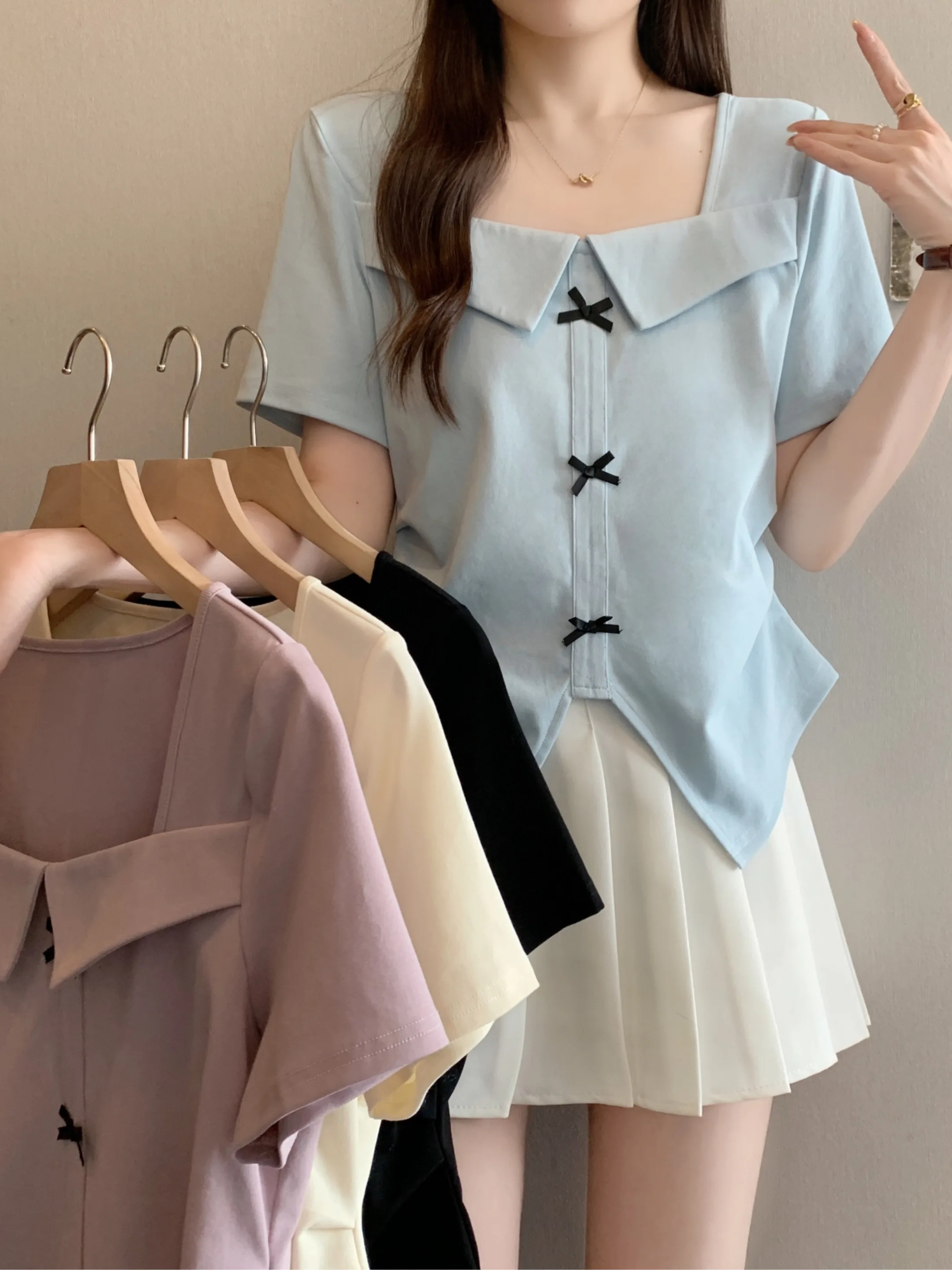 

Новая женская футболка большого размера с квадратным вырезом, 3D-бантом, коротким рукавом, летняя, с разрезом, асимметричная, с завышенной талией, в корейском стиле для повседневной носки