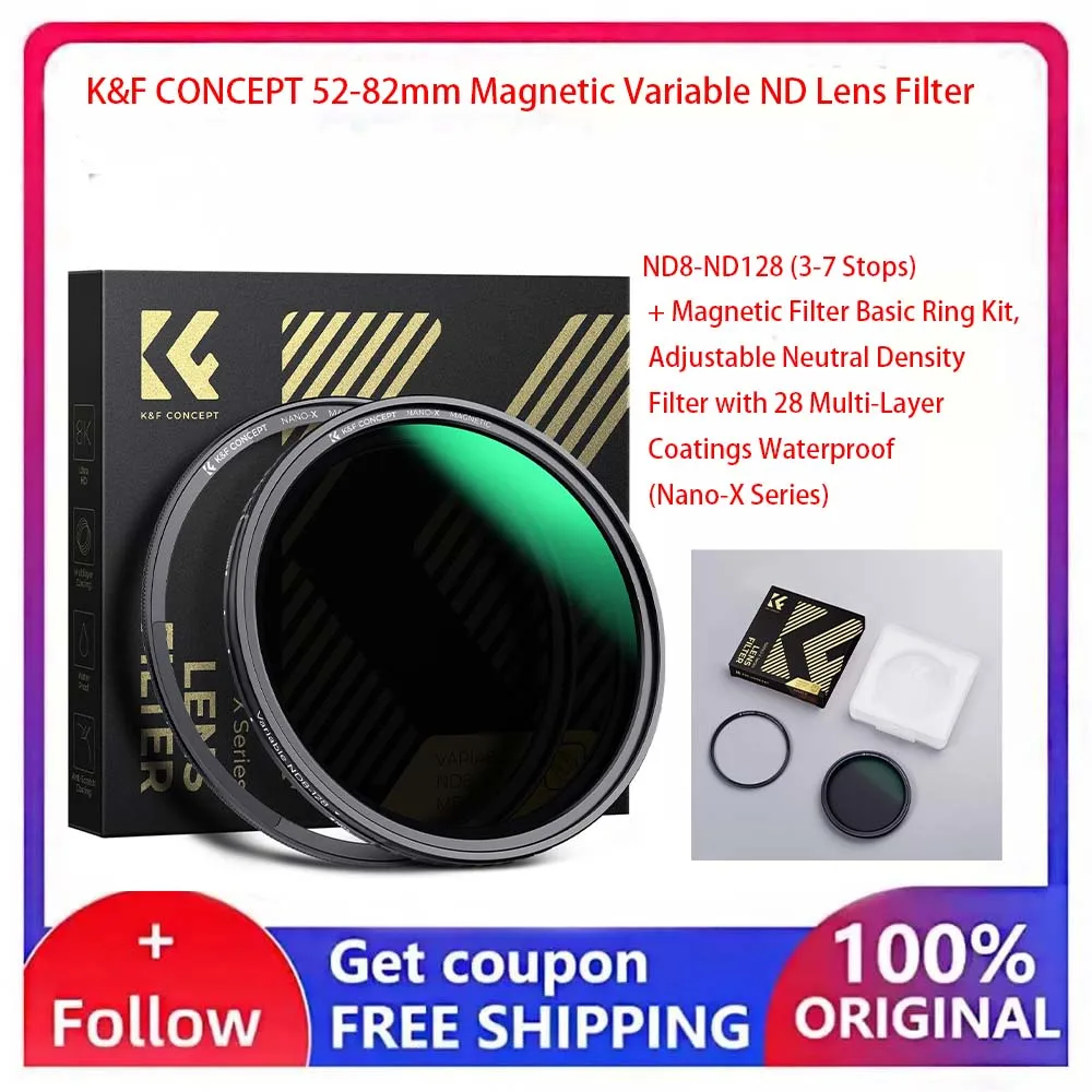 

K&F CONCEPT 52-82 мм магнитный переменный ND-фильтр ND8-ND128 (3-7 ступеней) + базовый комплект магнитных фильтров с кольцом-держателем