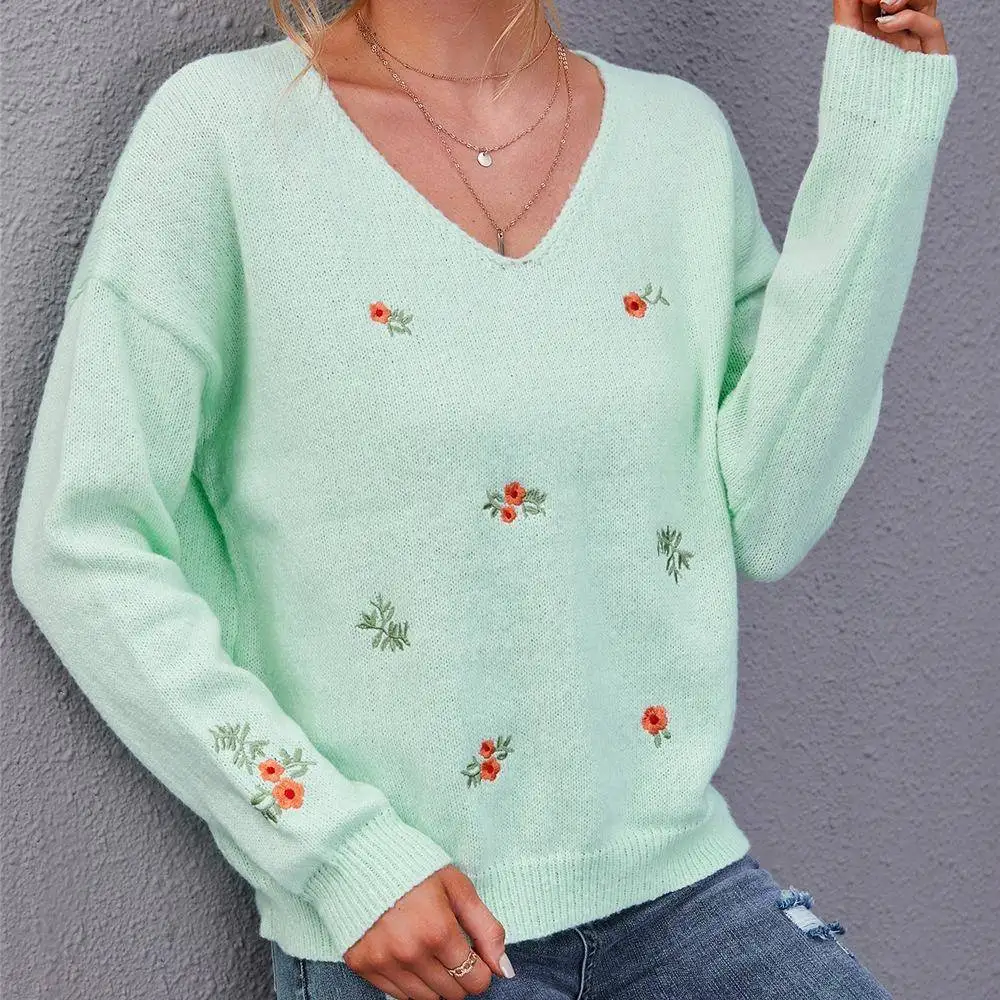 سترة نسائية محبوكة بياقة على شكل V مع تطريز زهور، مقاس كبير، موضة ربيع 2025، وصول جديد، مريحة وعصرية بأكمام طويلة #3