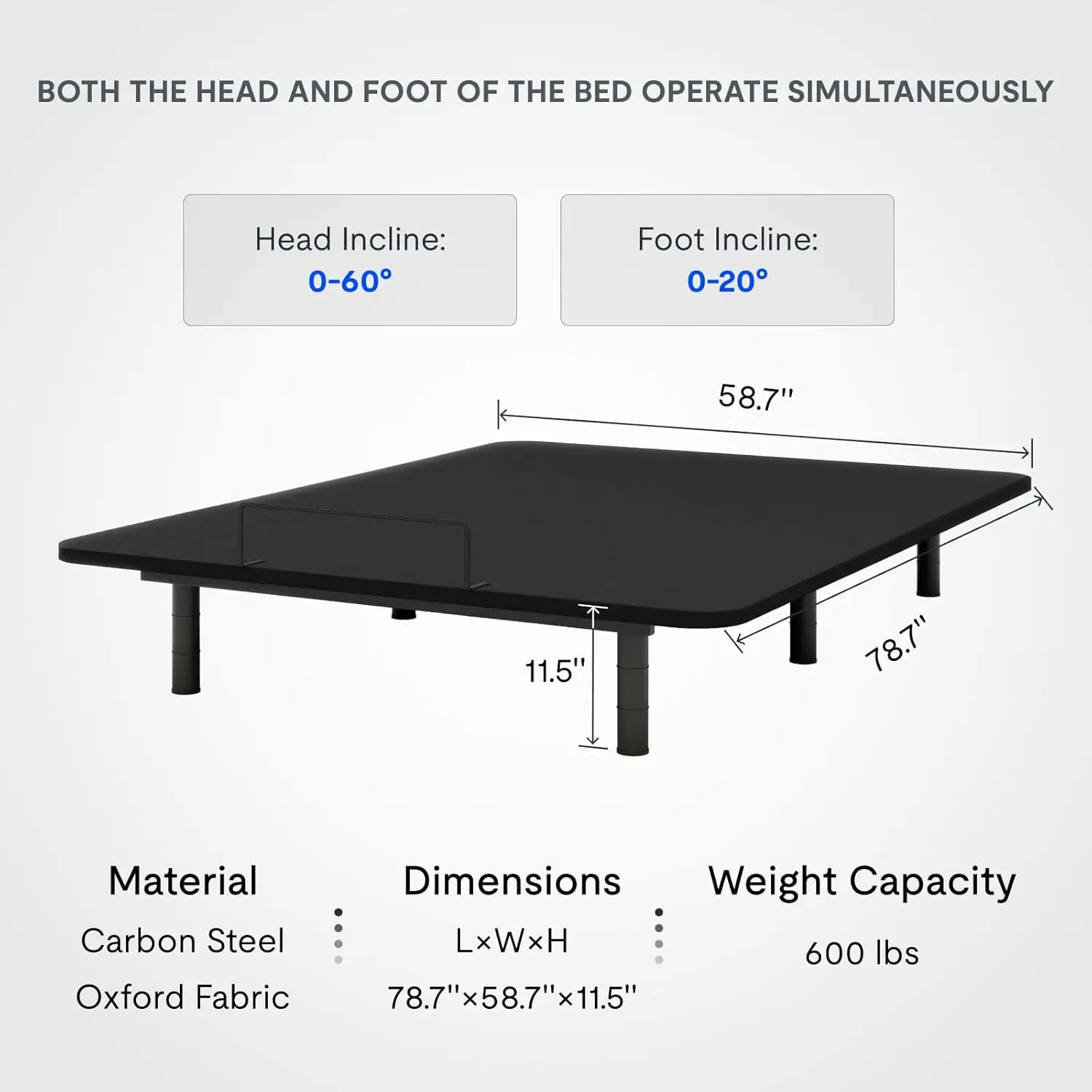 Base de cama ajustável queen, design segmentado, fácil montagem, pernas de cama ajustáveis, colcha de tecido oxford, remo com fio