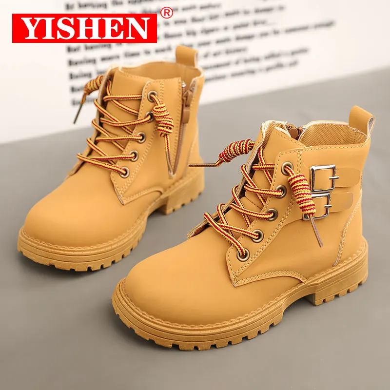 YISHEN Boots Kids Winter Children Shoes Comfort Leather Snow Boots For Girls Boys Rubber Boots Lace Up Fashion Sneakers