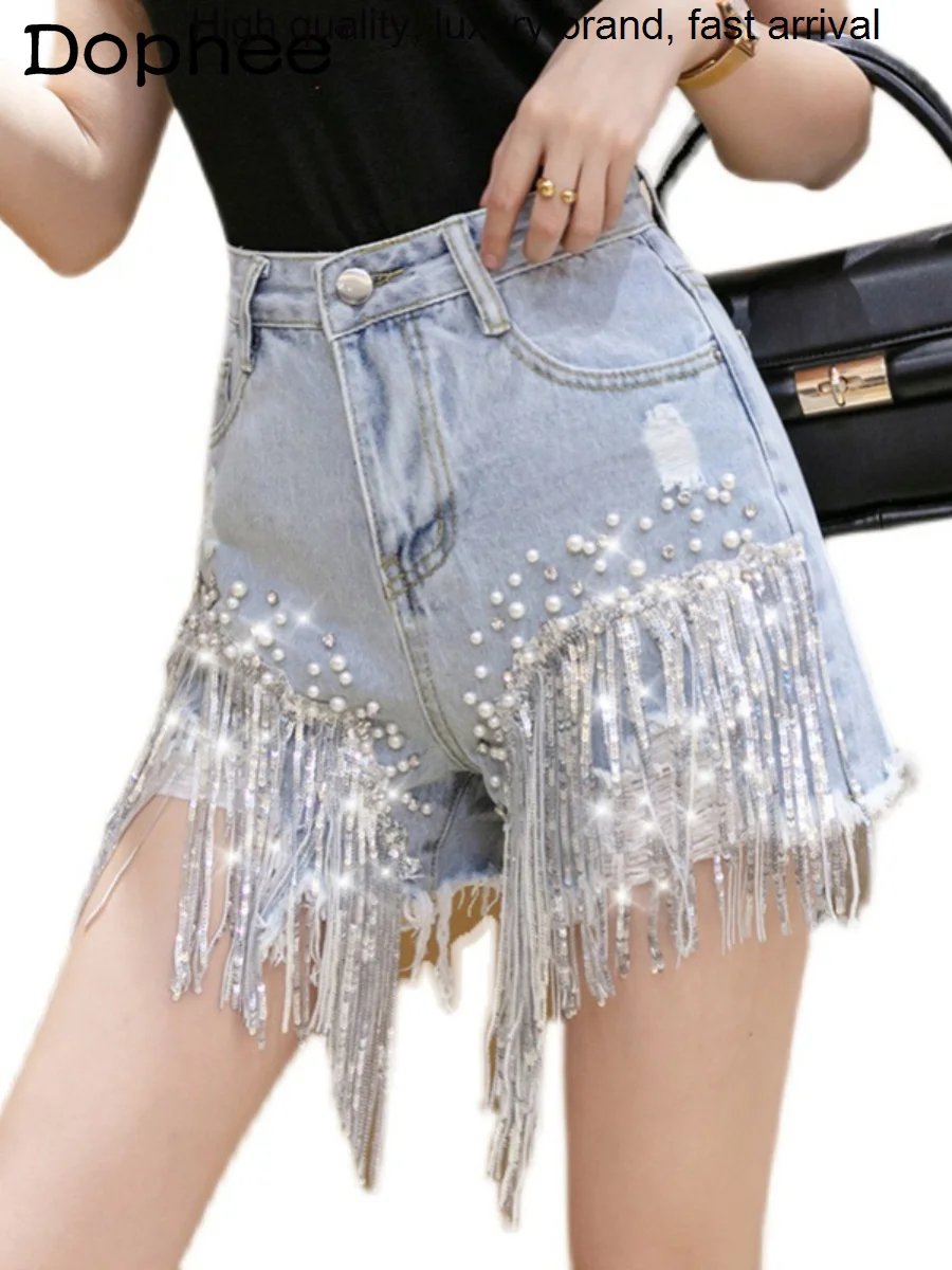 

Sequin Machine Embroidery Bead Tassel Denim for Women Trendy Cool Hiphop Jeans Shorts Hot Pants 2023 Summer New Bottoms