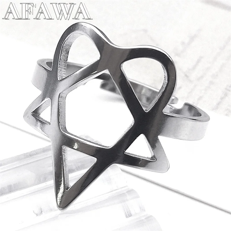 Rock Music Him Heartagram Rings for Men Women Stainless Steel Silver Color Star Heart Adjustable Ring Party Gift Jewelry R25S06