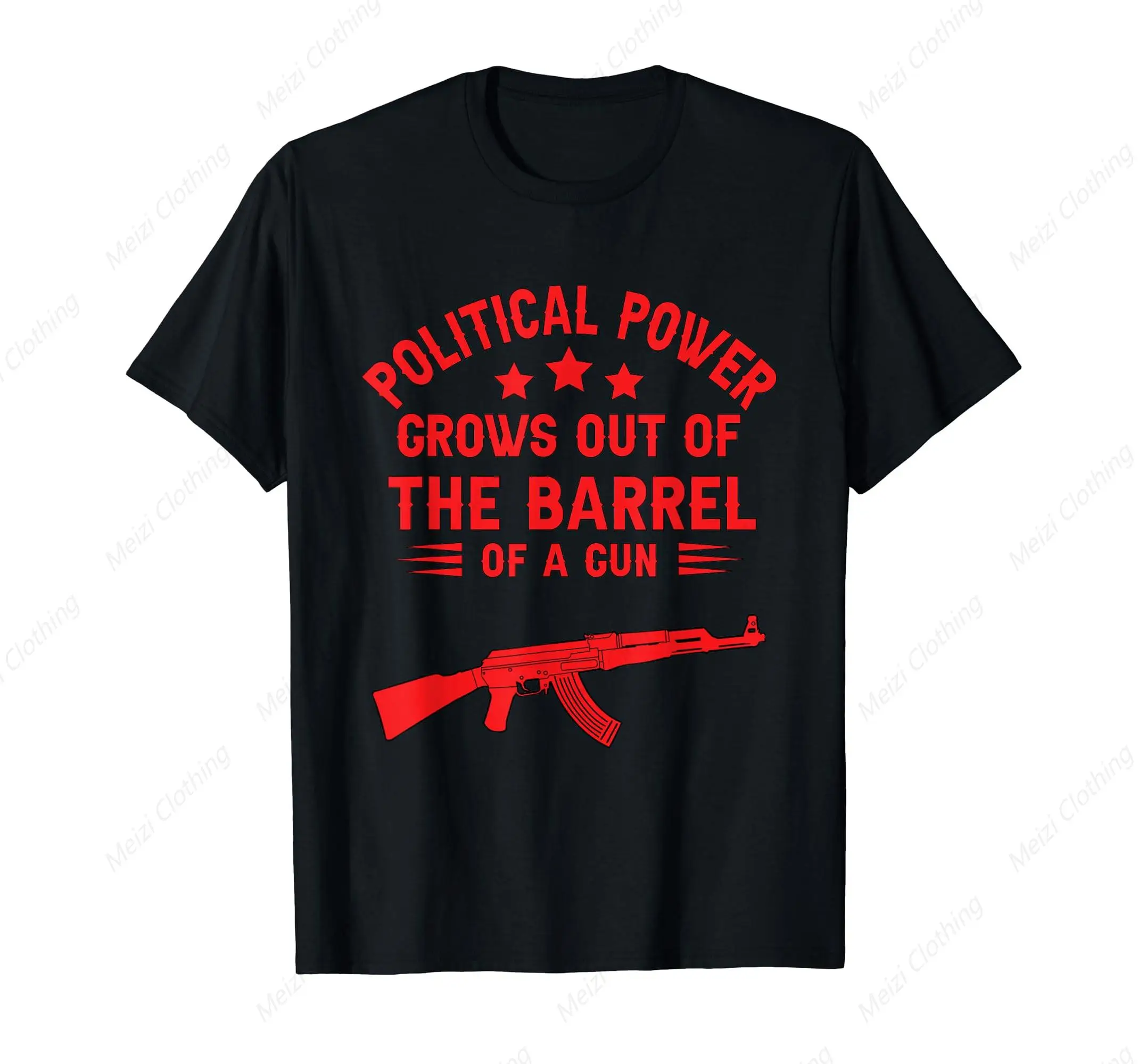 

Political Power Grows From The Barrel Of Ak-47 T-Shirt Cool Printed Shirt Pure Cotton Black Round Neck Fitted Top