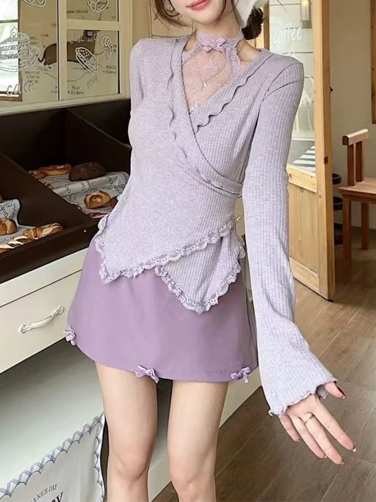 

Spring New Fashion Lovely Y2k Skirt Suit Women Irregular Lace Tops + High Waist Skirt Japanese Sweet Slim Fairy Chic Outfit 2025