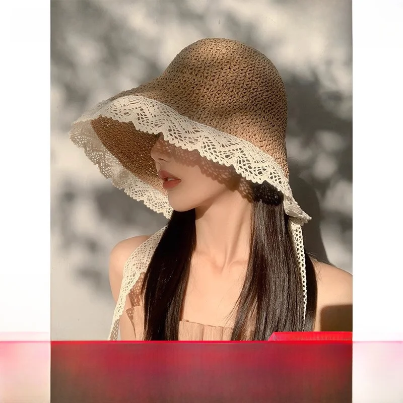 Viney المرأة كبيرة حافة St قبعة الدانتيل طوي قبعة واقية من الشمس عادية Sle قابل للتعديل قمة مستديرة للسفر في صيف 2025