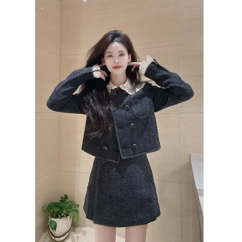 

UNXX Winter Fragrance Lace Lapel Tweed Coat Overskirt Sets Retro Contrast Stitching Tweed Blazer + Mini Skirt 2-piece Set Women