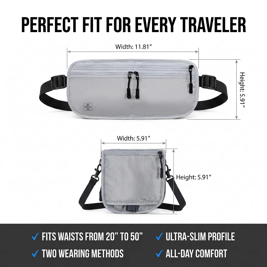 Premium RFID Blocking Travel Waist Pouch, Multi-Wear Anti-Theft Bag Durable Ripstop Fabric Waterproof Zippers