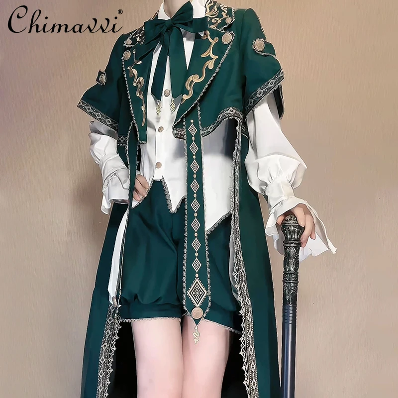 Original Prince Lolita Outfit Vintage Army Gold Thread Embroidery Cloak Long Cape White Shirt Shorts Autumn Winter Shorts Set