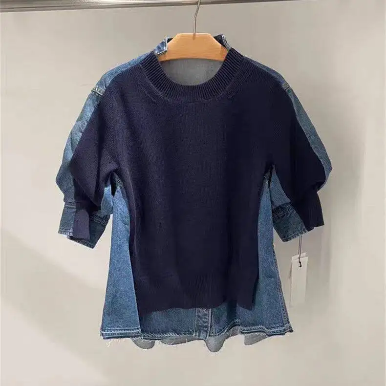

SAC 25 Short Sleeve Knitwear Fashion Denim Splicing Pullover Sweater