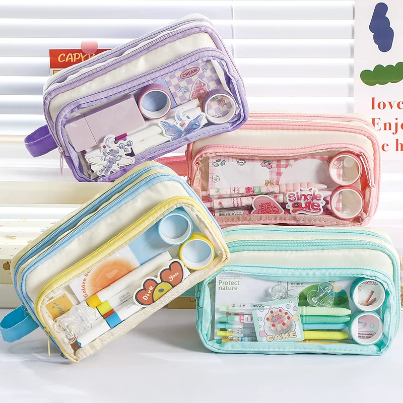 

1 шт. съемный пенал с цветными блоками, сумка для ручек, прозрачный передний карман кремового цвета, большая вместительная сумка для хранения A7878