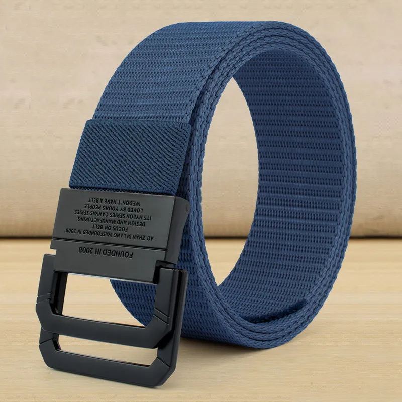 Stylish Men Belts Double Rings Black Metal Slide Buckle Cowboy Jeans Accessories Street Leisure Nylon Waist Strap Unisex Cinto