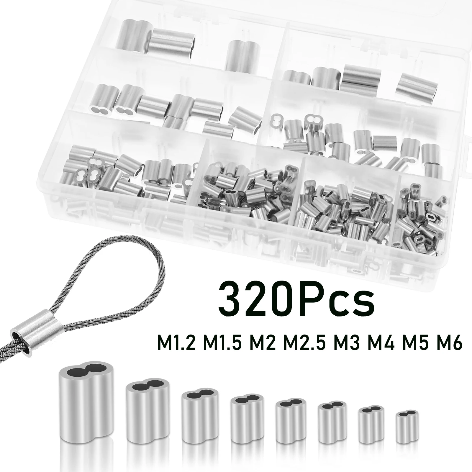 

320 Pcs Aluminum Crimping Loop Sleeve 8 Sizes 1.2-6.0mm Wire Rope Sleeves Double Cable Ferrules Kit for Tent Pulling Rope