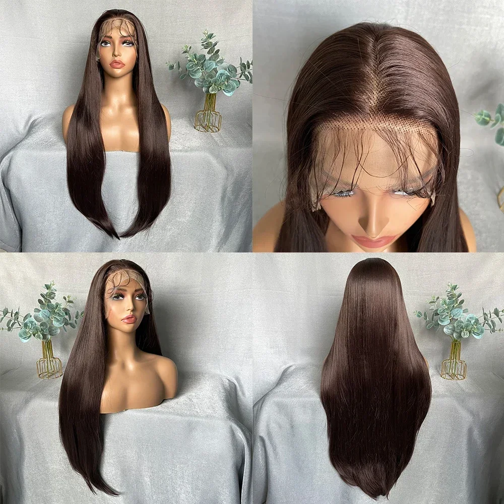 X-TRESS Brown Lace Frontal Synthetic Wigs for Black Women 32 Inch Pre Plucked Long Straight 13x4 Lace Frontal Wig with Baby Hair