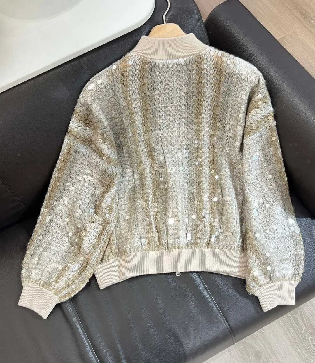 Sequins Decorated Women Cardigan Stand Collar Long Sleeve Zipper Loose Knitted Sweater