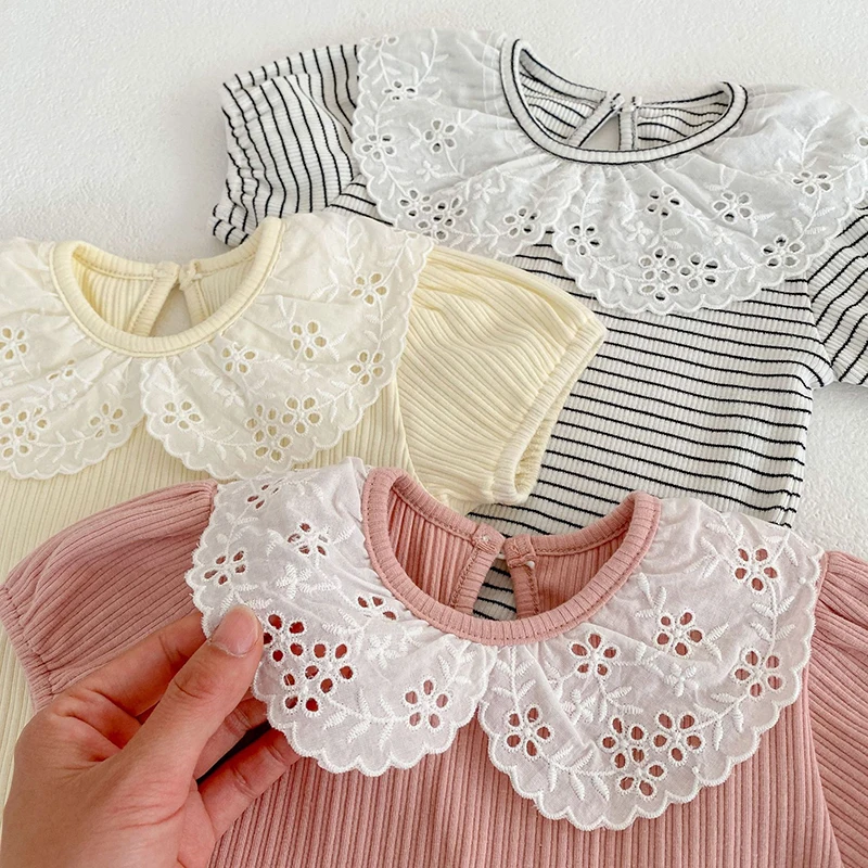 Infant Baby Girls Pure Suit Clothes Baby Short Sleeves Shirt+Pants 2PCS Toddler Baby Grils Cotton Sweet Lace Summer Clothes