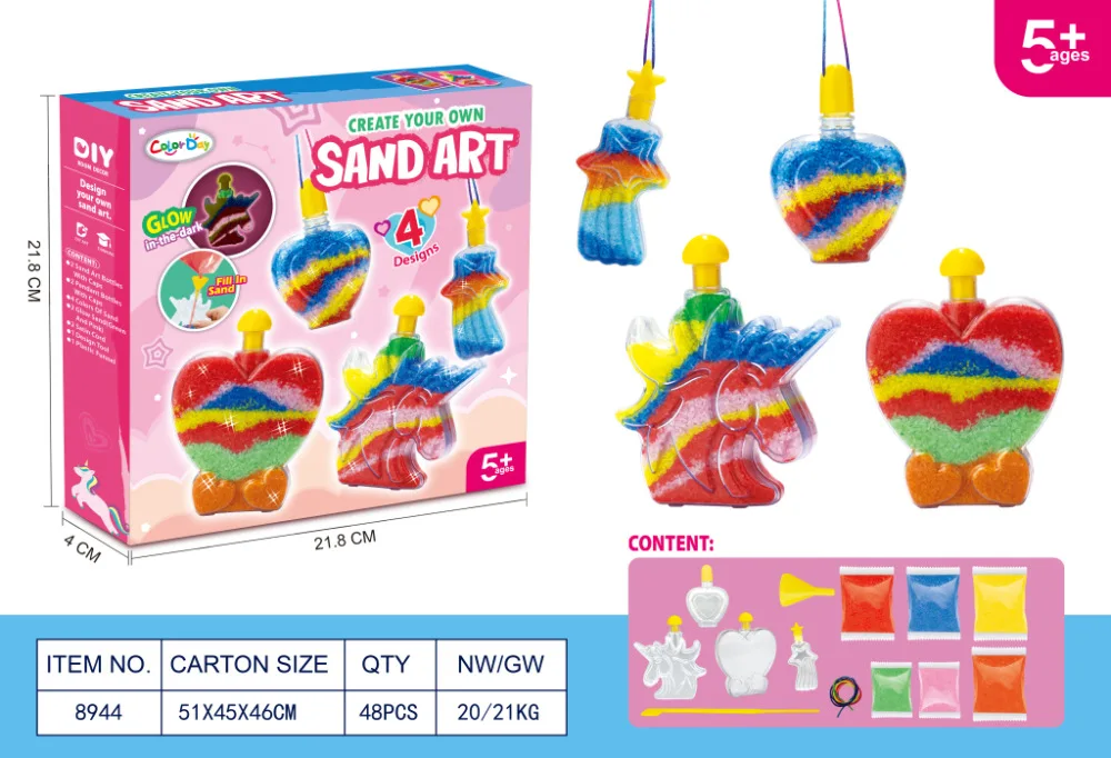 Kit d'art de sable pour enfants, créez votre propre kit d'activités artisanales avec ensemble de sable, bouteilles de formes assorties d'art de sable qui brillent dans la nuit a