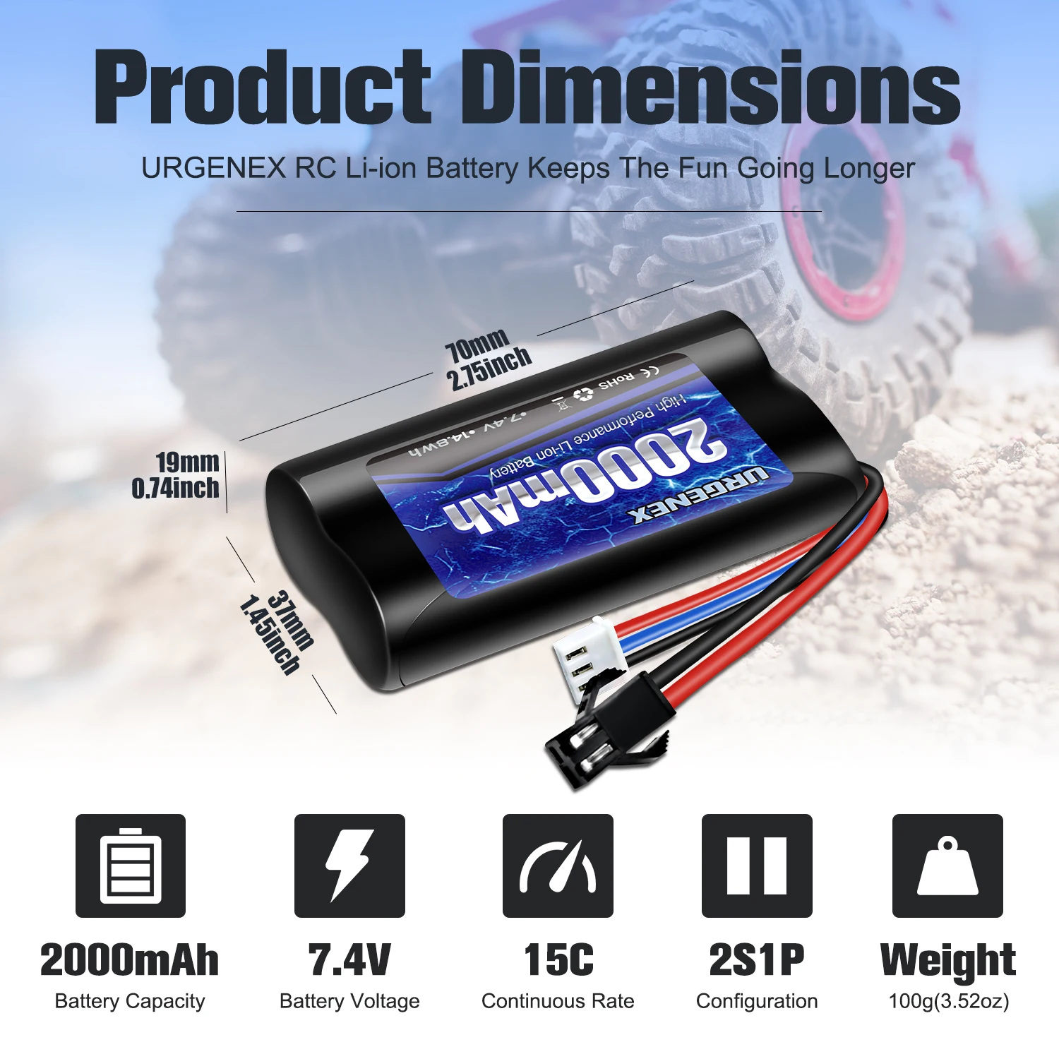 URGRNEX Li-ion Battery 7.4V 2000mAh High Capacity with SM-2P Plug 2S Rechargeable RC Battery Fit for WPL MN99 4WD High Speed RC