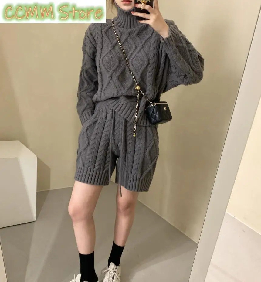 Fashion Trend Lazy Wind High Neck Hemp Pattern Knitted Sweater Female Autumn and Winter Thickened High-waisted Shorts Suit