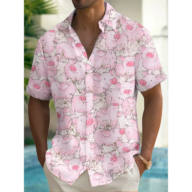 Chemises hawaïennes à manches courtes pour hommes, loisirs d'été, imprimées en 3D, boutons à revers, rue Y2k, mignon, flamant rose, chat canard, haut graphique