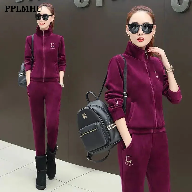 

Winter Thickened Embroidered Velvet Tracksuit Women Casual Stand Collar Zipper Jacket + Pant Suit Jogging Velour Two Piece Set