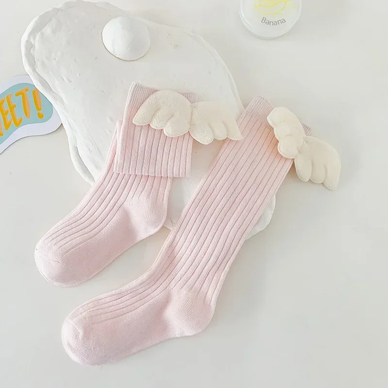 Spring Autumn Kids Socks for Girls White Angle Wing High Tube Cute Children Cotton Long Red Baby Knee High Socks